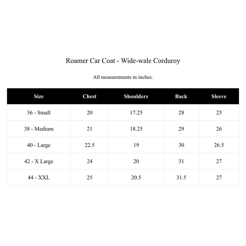 Roamer Car Coat Size Chart