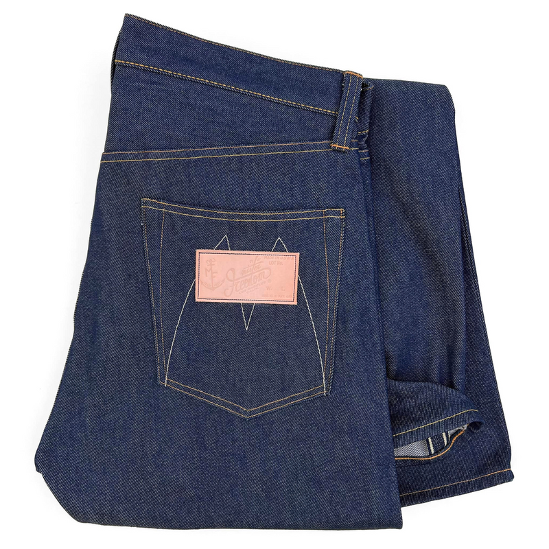 Details view of the folded Mister Freedom lot 64 OG Cone Denim Jeans