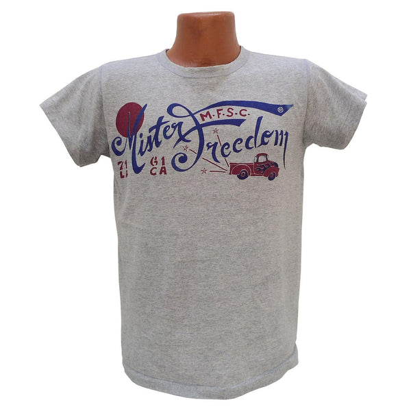 Mister Freedom® SHOP TEE "Surplus" Grey, hand screen-printed with vintage-inspired original graphics on tubular knit jersey STANLEY T-shirts, made in USA