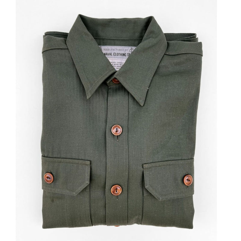Mister Freedom® - Snipes Shirt - Army Green Shade 44 - Brown corozo wood “cat-eye” buttons. Two large utilitarian chest pockets with flaps, each with a pen slot. Unstructured one-piece collar (no collar band.)