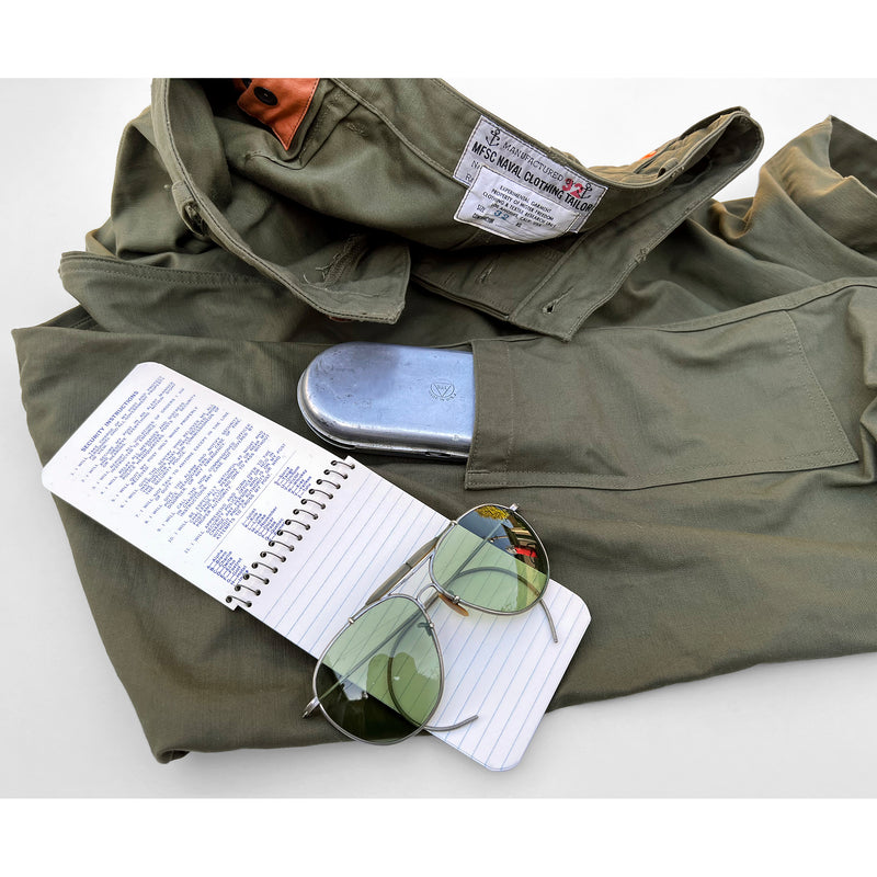 Mister Freedom® MECHANIC Utility Trousers, OG-107 cotton sateen - mfsc “Survival School” double labeling: woven rayon “MFSC NAVAL CLOTHING TAILOR” topped with printed “EXPERIMENTAL RESEARCH UNIT” labels.