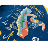 Detail photo of the Mister Freedom® Cali-Jan jacket embroidery. Embroidery features the state of California, Bald Eagle, Pacific Ocean, Los Angeles, Santa Catalina Island, Mister Freedom Store, Bakersfield, Death Valley, San Francisco, and Sacramento