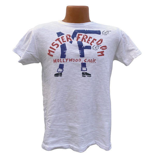 Mister Freedom® SHOP TEE "MF Legs", hand screen-printed with vintage-inspired original graphics on tubular knit jersey STANLEY T-shirts, made in USA