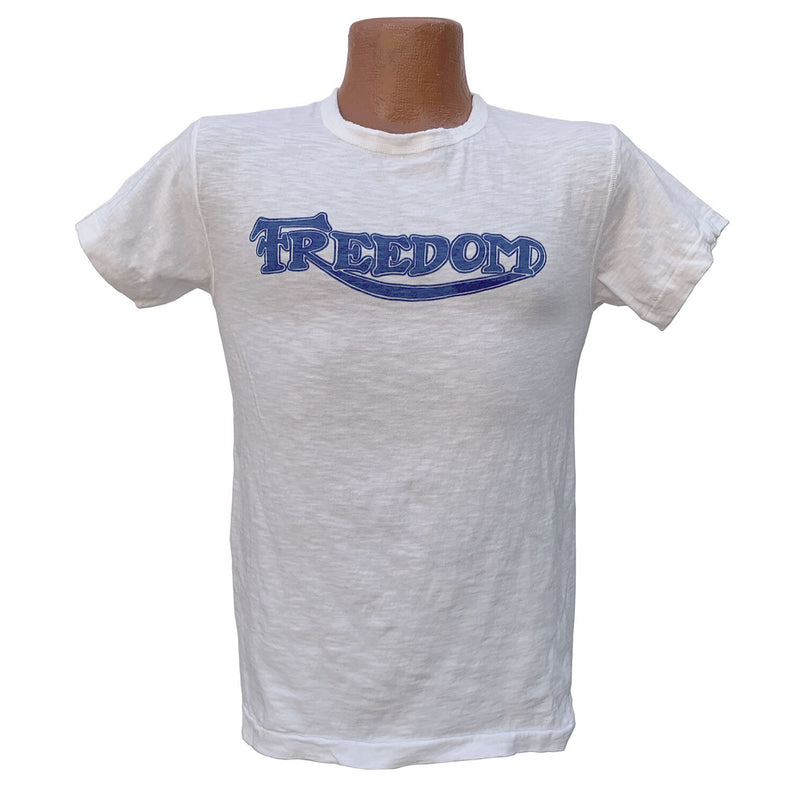 Mister Freedom® SHOP TEE "Freedom" White, hand screen-printed with vintage-inspired original graphics on tubular knit jersey STANLEY T-shirts, made in USA