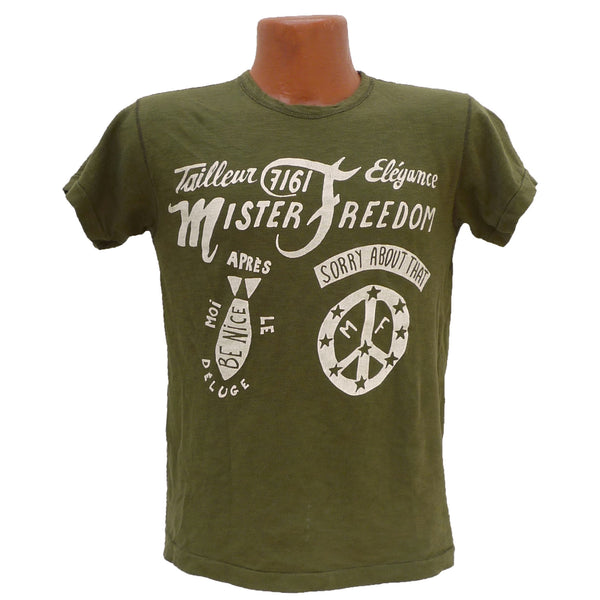 Mister Freedom® SHOP TEE "Saigon" Olive, hand screen-printed with vintage-inspired original graphics on tubular knit jersey STANLEY T-shirts, made in USA