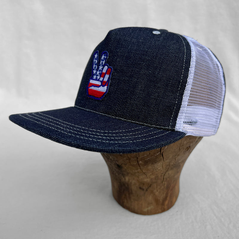 Mister Freedom® Snapback Cap 5P in Selvedge Denim and white mesh featuring vintage patches. Made in USA.
