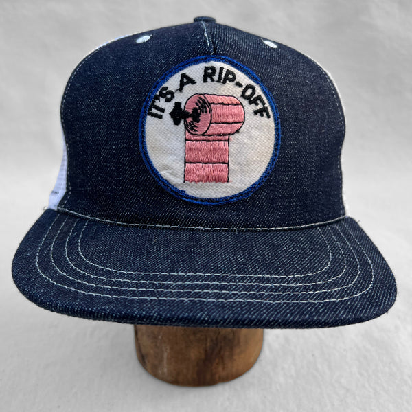 Mister Freedom® Snapback Cap 5P in Selvedge Denim and white mesh featuring vintage patches. Made in USA.