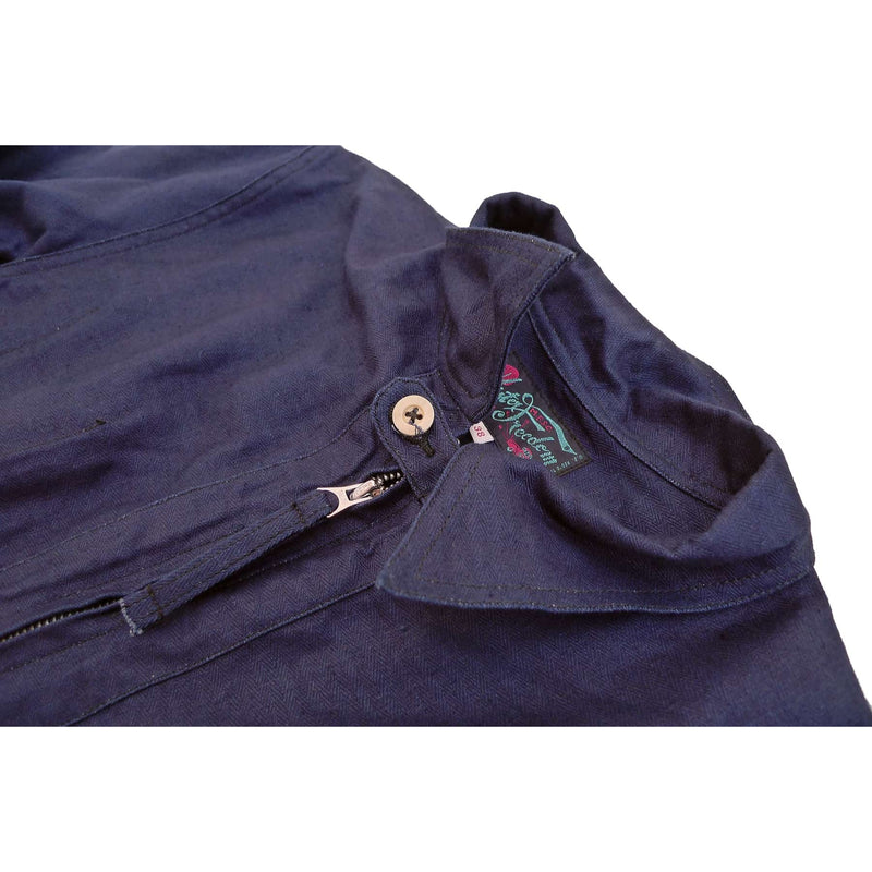 Mister Freedom Longshoreman Indigo HBT - Half zipper closure placket, 30s/40s-style bell-shaped pull “silver” Talon zipper, 100% cotton tape.