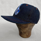 Mister Freedom® Snapback Cap 6P in NOS Cone Mills Denim featuring vintage patches. Made in USA.