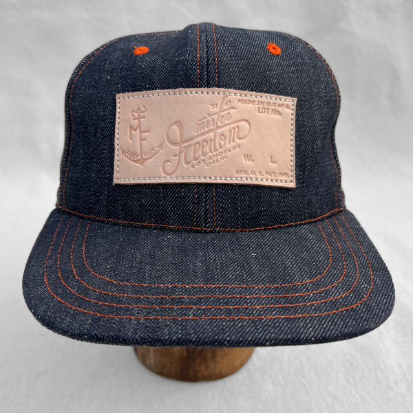 Mister Freedom® Snapback Cap 6P in NOS Cone Mills Denim featuring vintage patches. Made in USA.