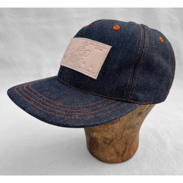 Mister Freedom® Snapback Cap 6P in NOS Cone Mills Denim featuring vintage patches. Made in USA.