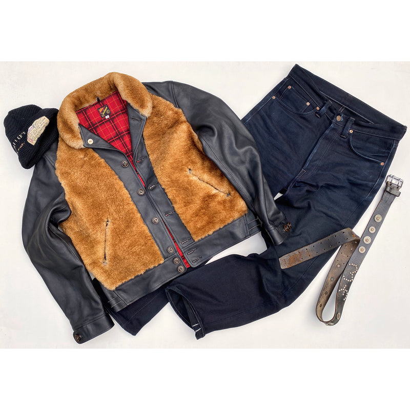 Baloo Jacket, Californian Lot 64 Midnight Denim, MF® Watch Cap and vintage leather belt