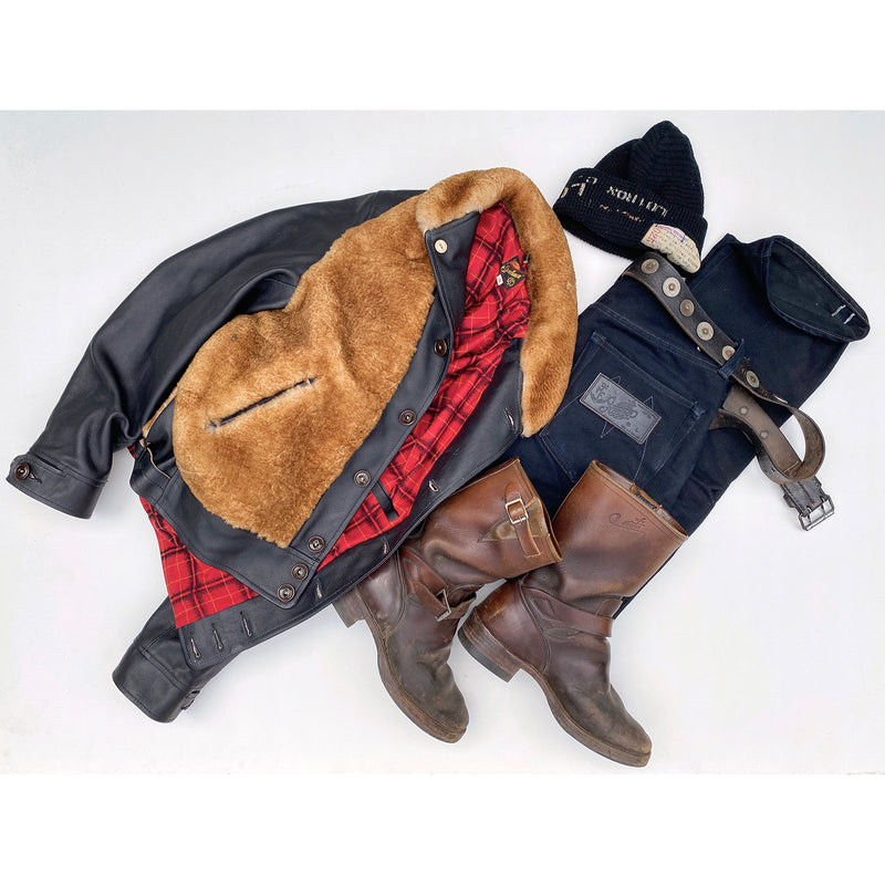 Baloo Jacket Two Tone, Road Champ Engineer Boots, Californian Lot 64 MD Jeans, Watchcap and belt