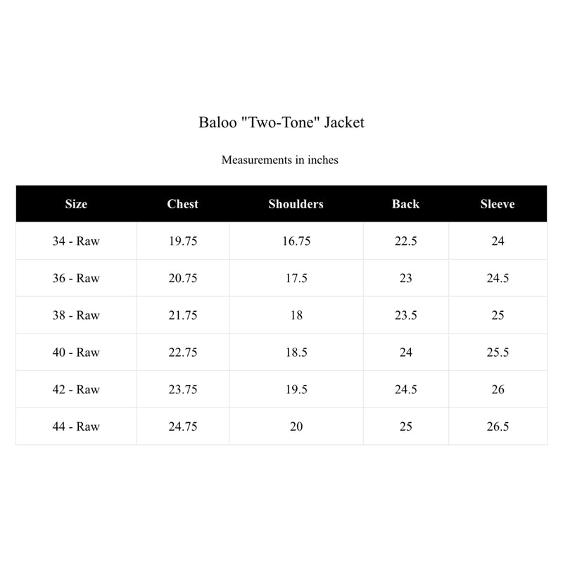 Baloo "Two-Tone" Jacket size chart