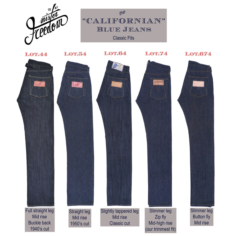 Mister Freedom® Californian Lot.674 Jeans in Double Indigo made in USA using Japanese selvedge double indigo denim twill.