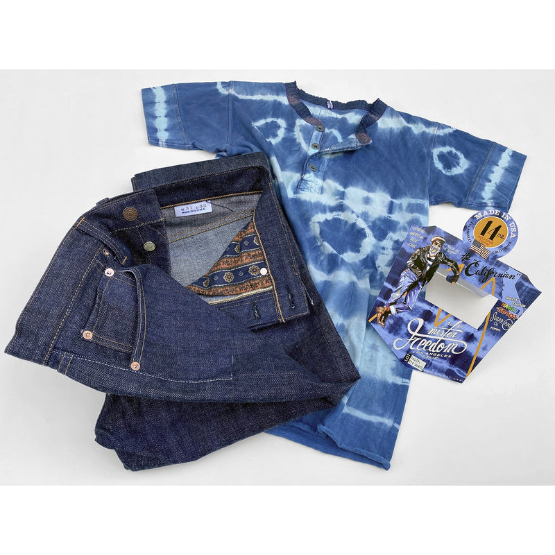CALIFORNIAN LOT. 674 - "HAWAII" DENIM with tie-dye henley and original Californian blue jeans flasher