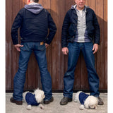 Fit image of the Mister Freedom Midnight Denim Campus Jacket  worn by designer Christophe Loiron. and First Mate Joe