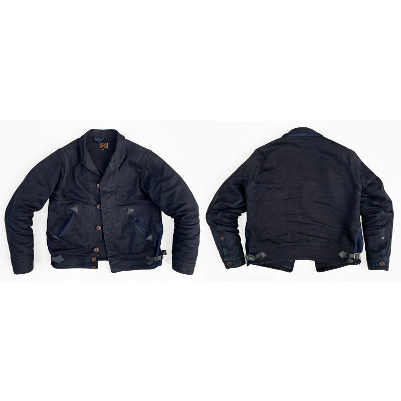Front and Back image of a worn MFSC Midnight Demin Campus Jacket