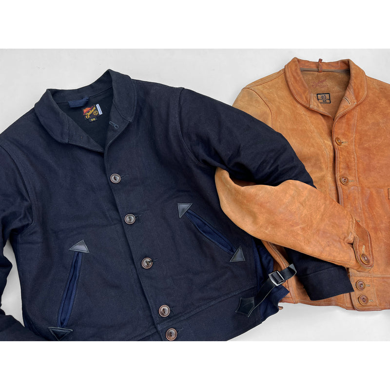 Natural Leather and Midnight Denim Camus Jackets Shown Together