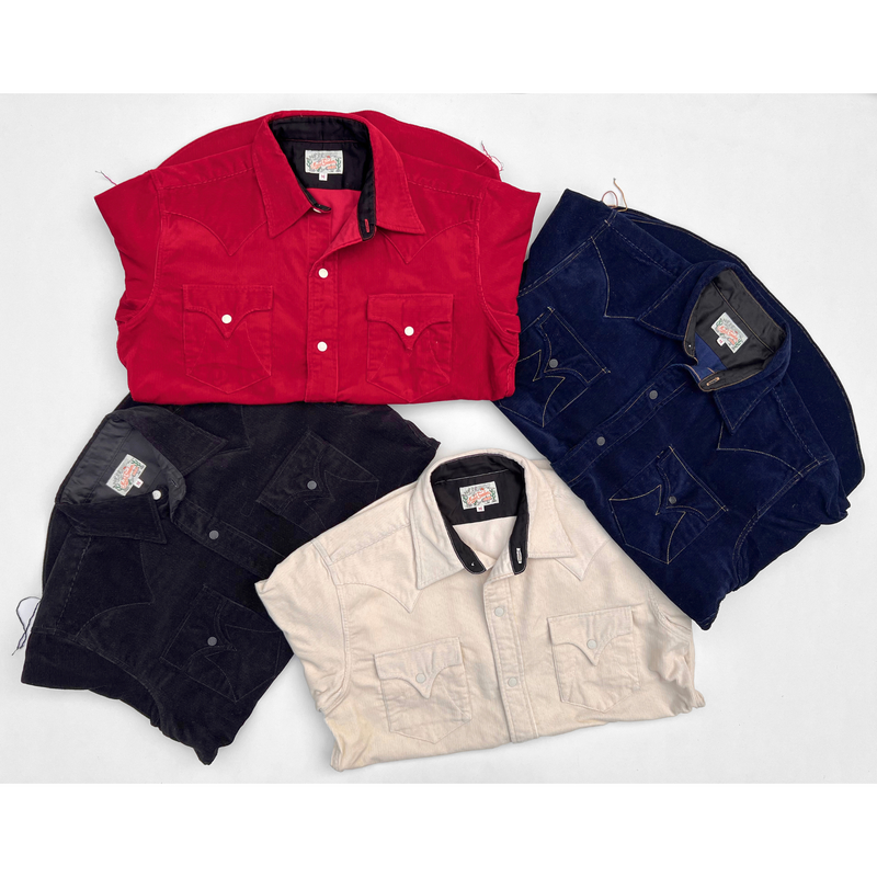 Mister Freedom® FW2022 Dude Rancher Shirts in Corduroy, indigo, red, off-white and black