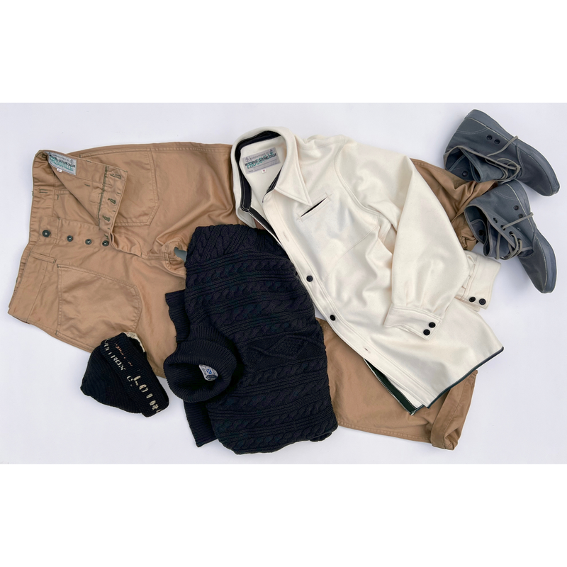 Mister Freedom® "FROGSVILLE" Rig featuring Crackerjack CPO Shirt, Mariner Sweater and Utility Trousers, all made in Japan