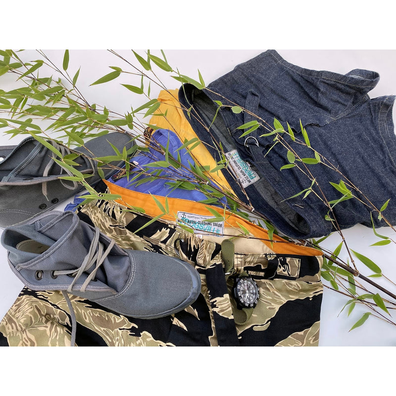 Mister Freedom® SCUBA TRUNKS inspired by vintage UDT Shorts and the US military tradition of local-made custom garments. Made from Buzz Rickson’s “Gold Tiger Stripe” printed cotton twill, 60s-inspired TSP pattern, milled in Japan.
