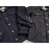 The MF51 Field Shirt is available in two color options: a) Navy blue Melton wool. b) Indigo-dyed Melton wool.
