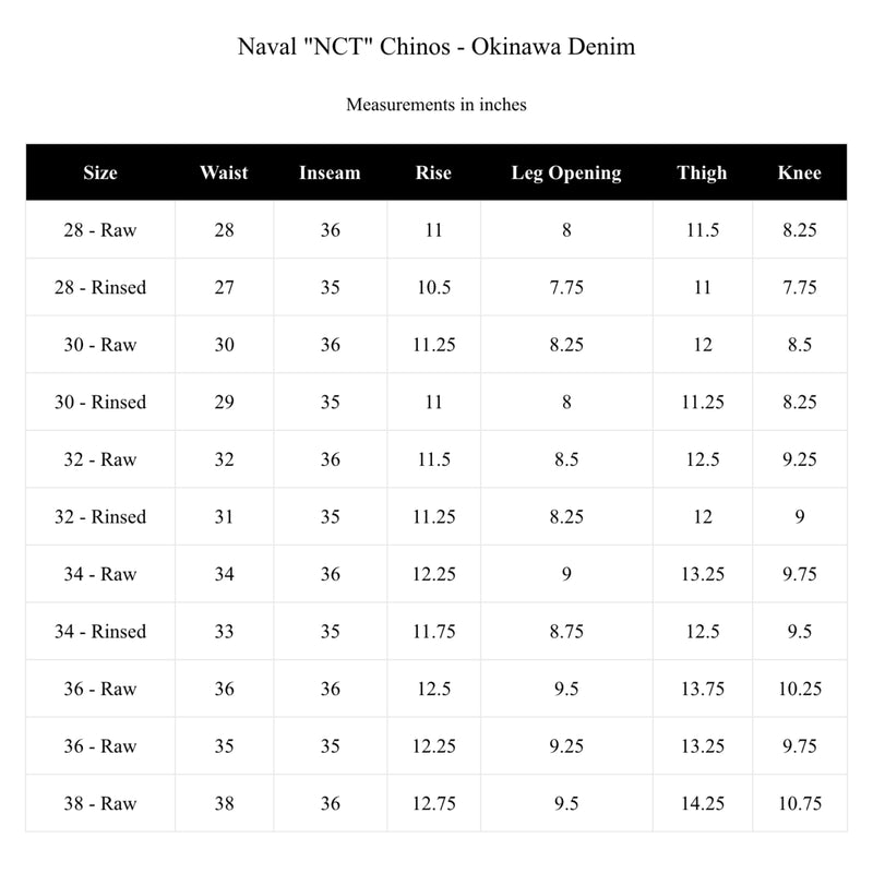 Naval "NCT" Chinos Okinawa size chart