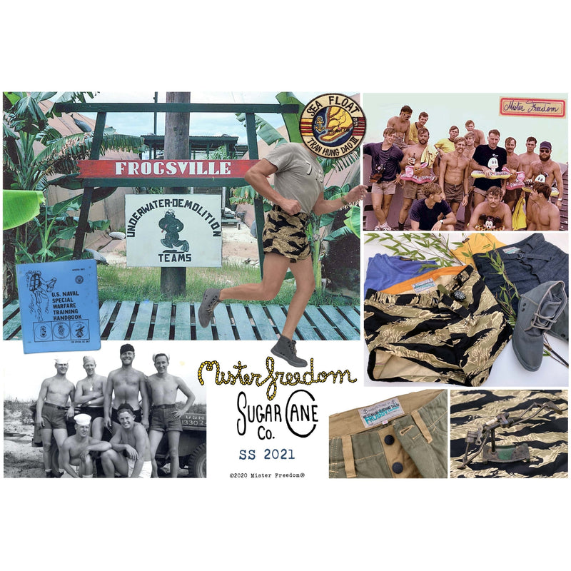 Mister Freedom® SCUBA TRUNKS inspired by vintage UDT Shorts and the US military tradition of local-made custom garments. Made from Buzz Rickson’s “Gold Tiger Stripe” printed cotton twill, 60s-inspired TSP pattern, milled in Japan.