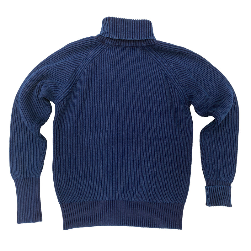 Privateer Rollneck Indigo 100% cotton 1×1 rib knit, “fisherman” rib pattern or “Brioche” stitch type. Color - Indigo blue