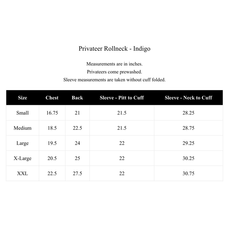 Privateer Rollneck Indigo size chart