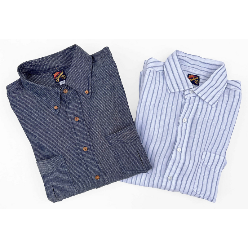 The SS23 MFSC Berkeley Long Sleeve Shirt in NOS Indigo Dobby shown with the Aristocrat Shirt NOS Linen Stripe