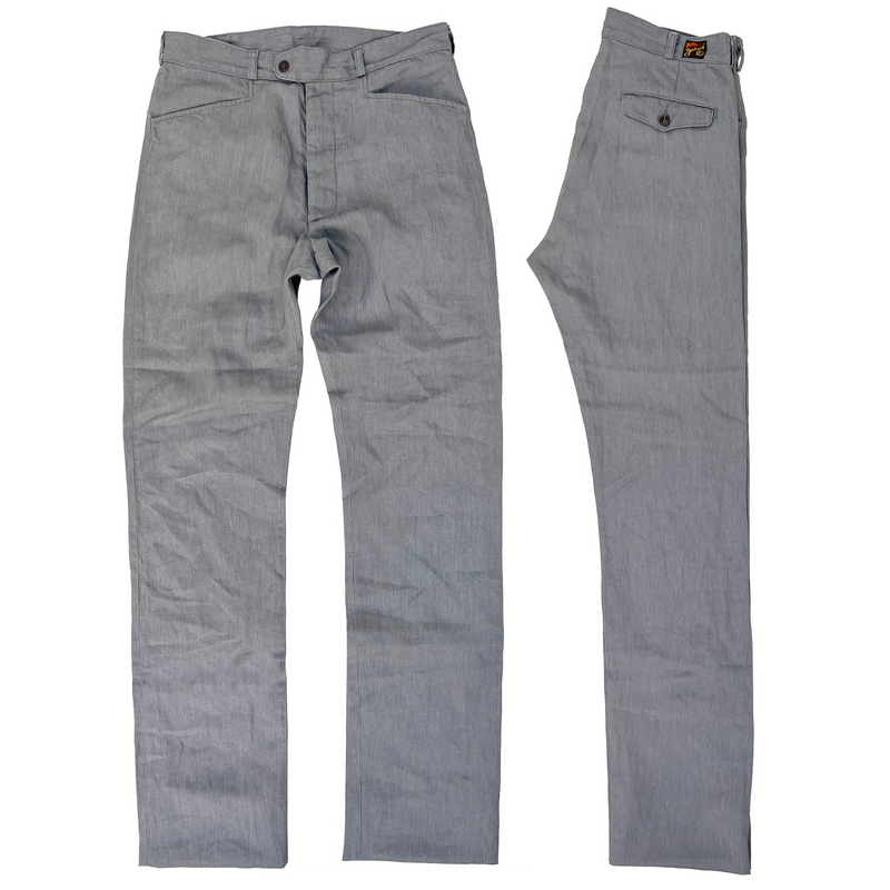 Image of full front and folded size view of the Mister Freedom Nouvelle Vague Slacks in Slate Grey featuring the Sportsman back label and snap waist closure