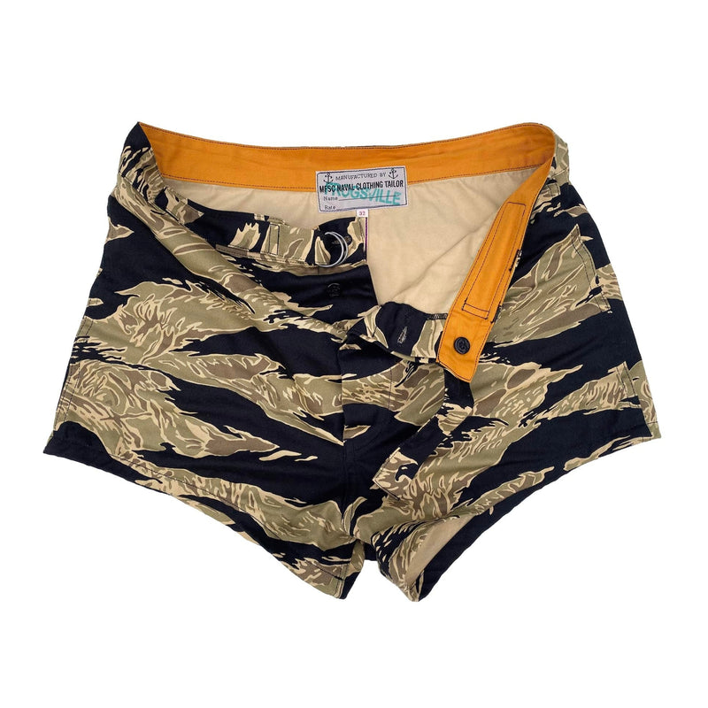 Mister Freedom® SCUBA TRUNKS inspired by vintage UDT Shorts and the US military tradition of local-made custom garments. Made from Buzz Rickson’s “Gold Tiger Stripe” printed cotton twill, 60s-inspired TSP pattern, milled in Japan.