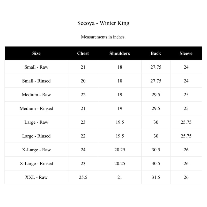 Secoya "Winter King" Shirt size chart