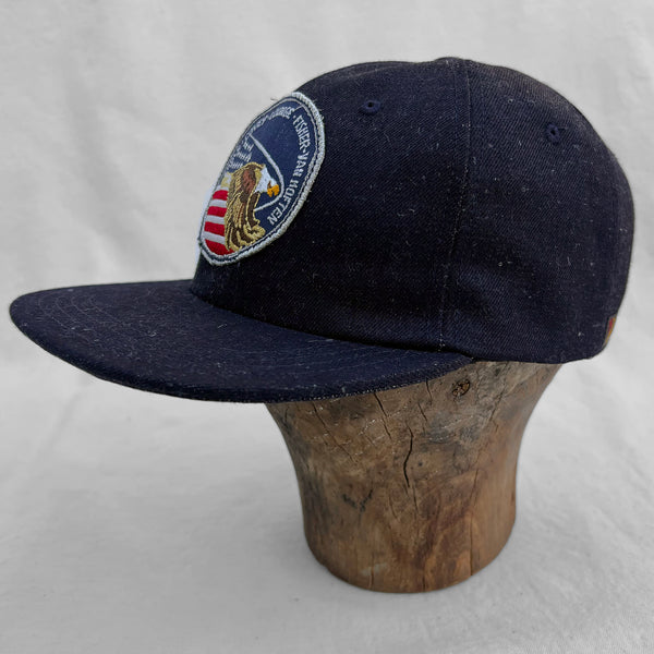 Mister Freedom® “SHIP CAP” Snapback Cap in Selvedge Denim featuring vintage military patch. Made in USA.