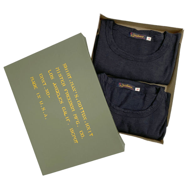 Mister Freedom® SKIVVY T-shirt, 2 Pack Box, tubular knit jersey, available in White, Navy, Sage Green, Heather Grey, and Brown 436, Jungle Green, and Black. Made in USA