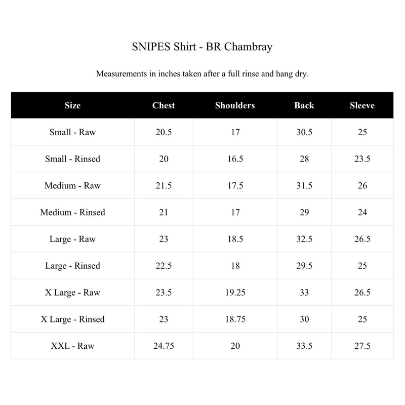 Snipes Shirt - BR Chambray Size Chart