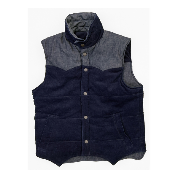 Mister Freedom® "SONNY" Puffer Vest, Indigo corduroy x Blue denim, made in Japan