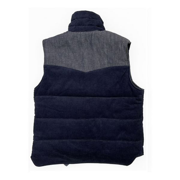 Sonny Vest quilted construction with blue denim arcuate back yoke